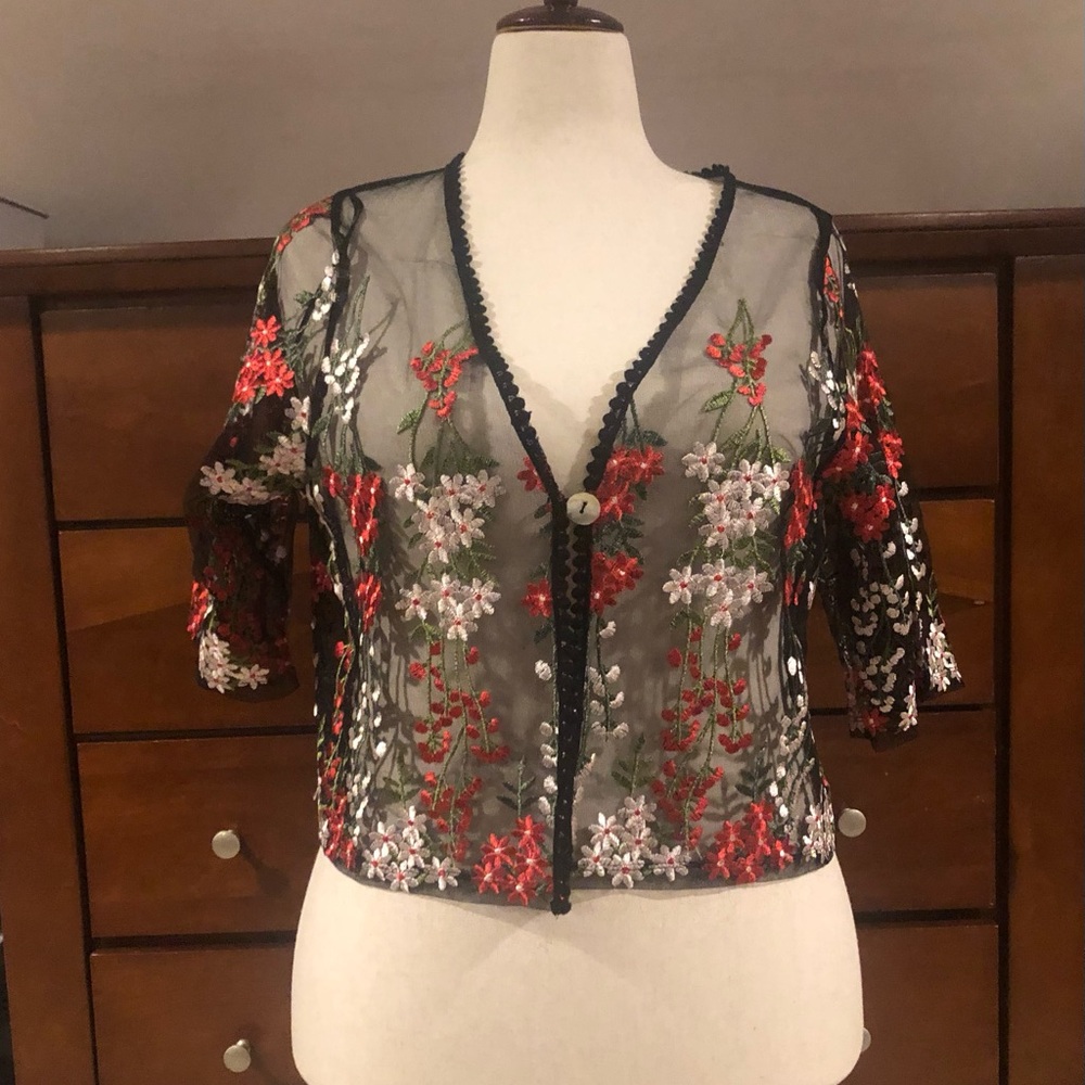 Black Sheer Floral Embroidered Button-Front Blouse